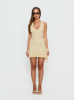 Mariellen Halter Mini Dress Yellow Polka Dot