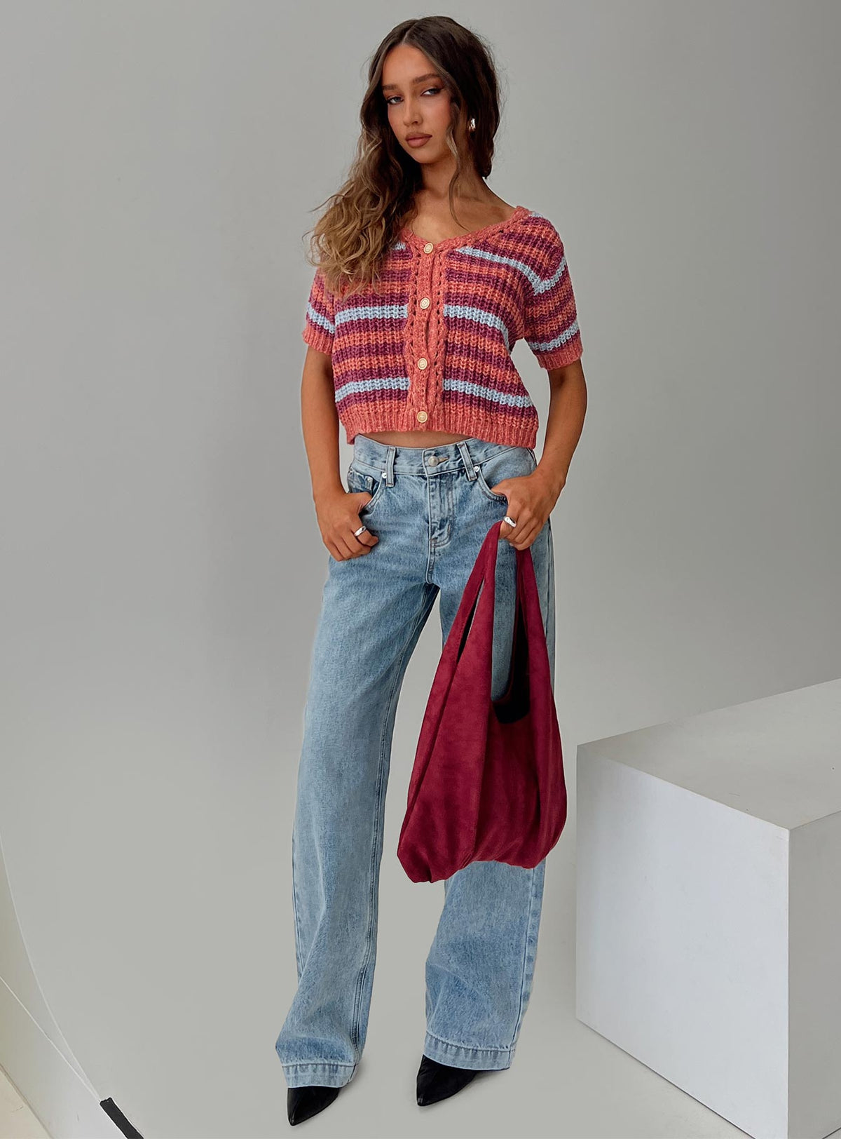 front view of model wearing Princess Polly Compassion Knit Cardigan Multi Cropped Jumpers Jumpers 