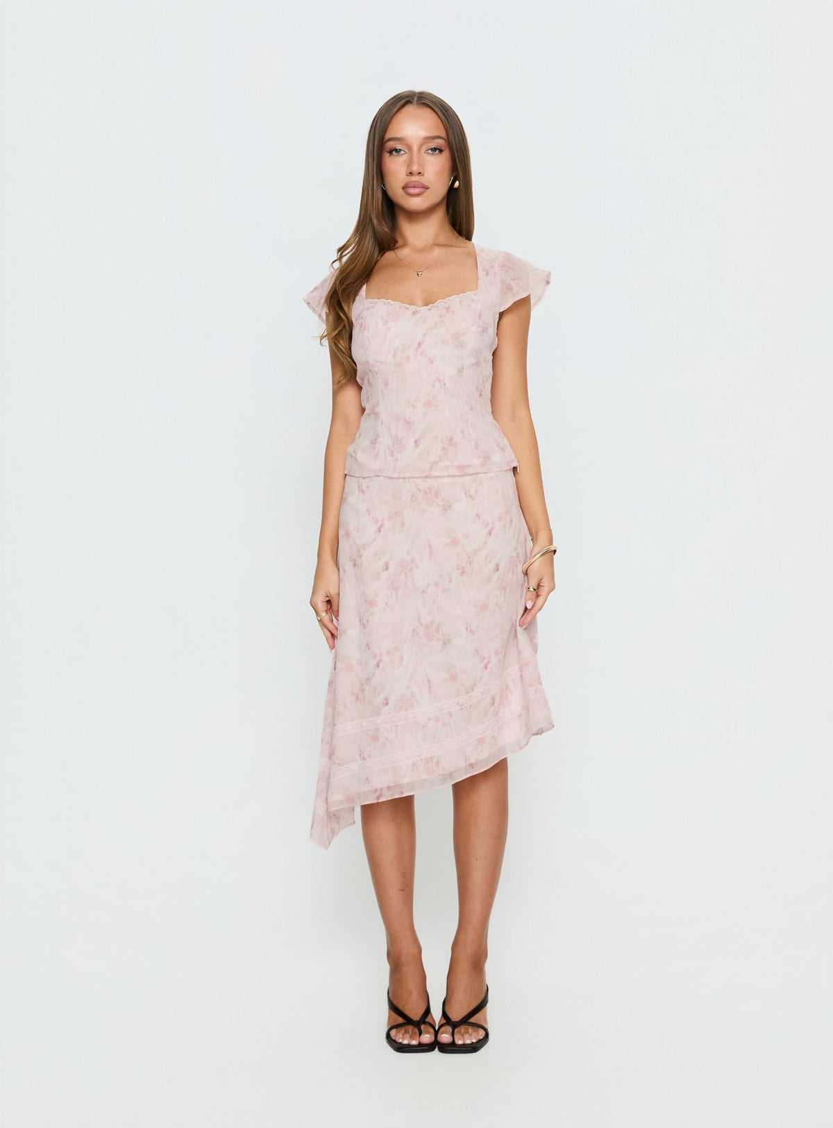   front view of model wearing Princess Polly Avaline Asymmetrical Midi Skirt Pink Skirts 