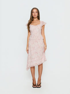  front view of model wearing Princess Polly Avaline Asymmetrical Midi Skirt Pink Skirts 