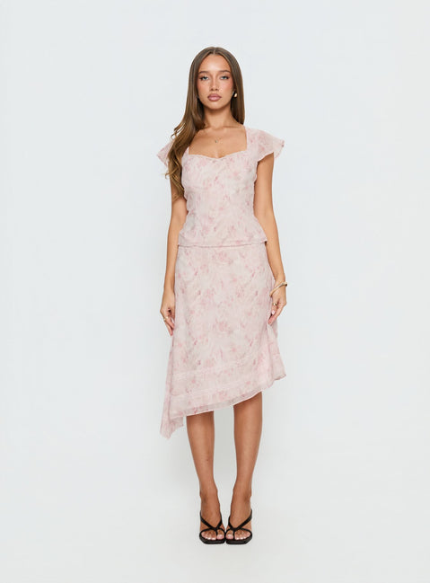   front view of model wearing Princess Polly Avaline Asymmetrical Midi Skirt Pink Skirts 