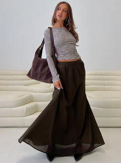  side view of model wearing Princess Polly Hallee Maxi Skirt Brown Maxi Skirts Skirts 