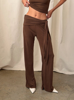 side view of model wearing Princess Polly Katiana Wrap Jersey Pants Brown Mid Rise Pants Pants 