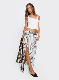   side view of model wearing Princess Polly Kiden Split Maxi Skirt Zebra Maxi Skirts Skirts 