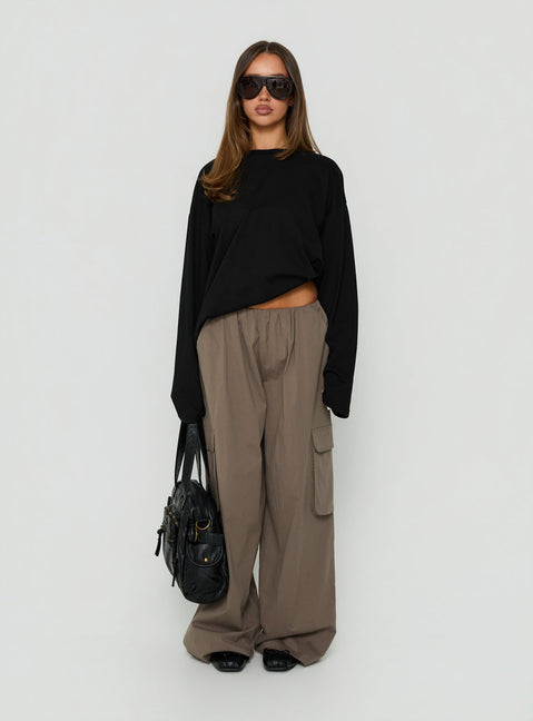 Featuring Lunea Concealed Waistband Cargo Pants Charcoal womens-regular-pants with mid-rise detail view of model wearing Princess Polly