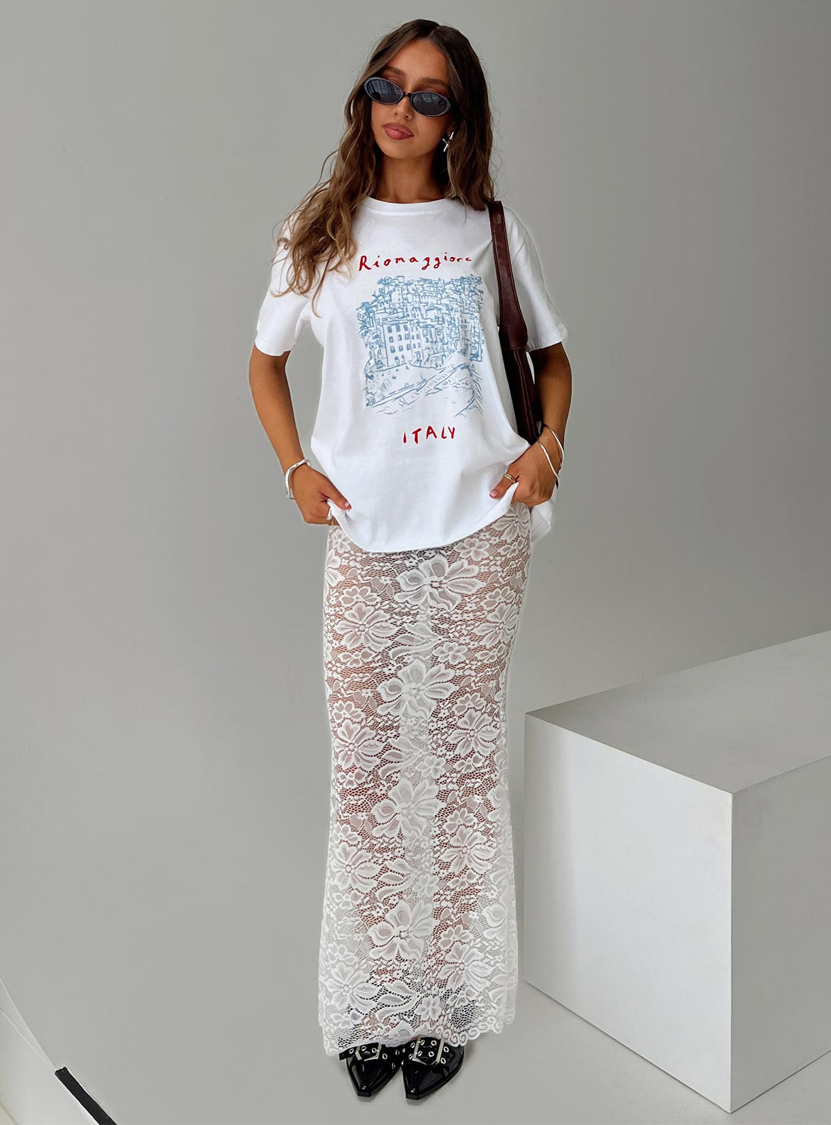  front view of model wearing Princess Polly Lombardio Lace Maxi Skirt White Maxi Skirts Skirts 