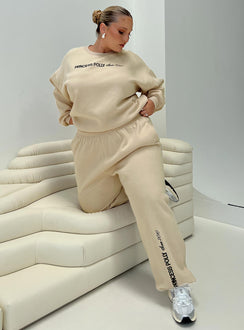 front view of model wearing Princess Polly Princess Polly Crew Neck Sweatshirt Block / Cursive Text Stone Curve regular Jumpers 