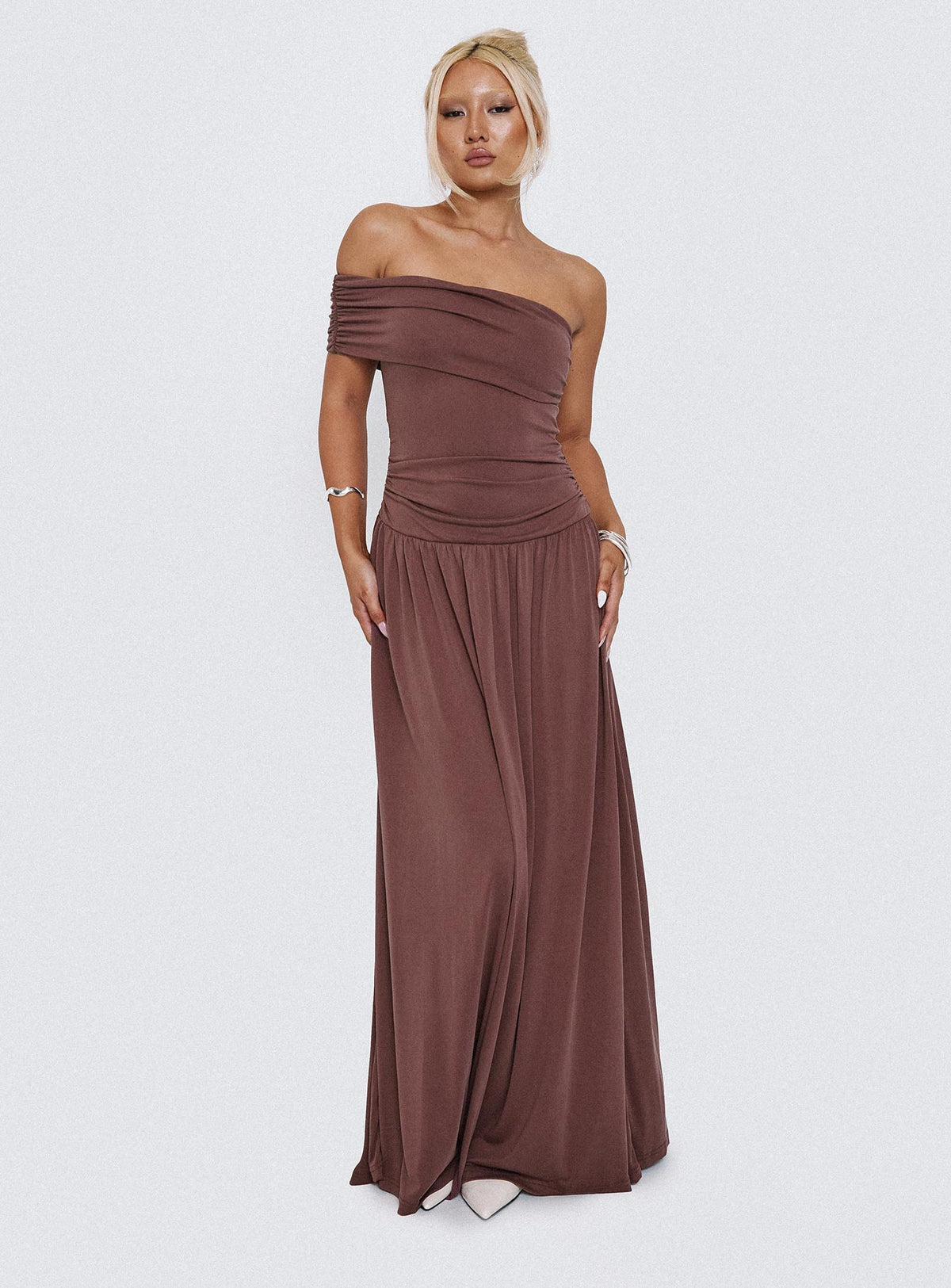 front view of model wearing Princess Polly Decadence Strapless Maxi Dress Brown Straight Neck 