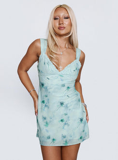 front view of model wearing Princess Polly Love Beckons Mini Dress Blue Floral Plunger 