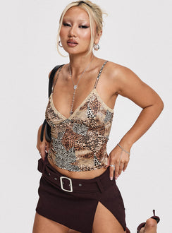 back view of model wearing Princess Polly Lepaisley Top Multi Sleeveless Plunger 
