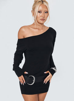 front view of model wearing Princess Polly Shelisa Mini Dress Black Asymmetric Neckline 