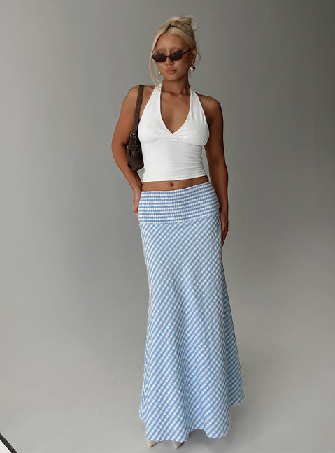   front view of model wearing Princess Polly Every Girl Shirred Maxi Skirt Blue Check Maxi Skirts Skirts 