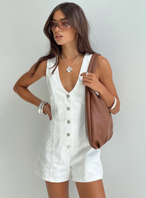 Romper Fixed shoulder straps, scooped neckline, button fastening down front Non-stretch material, unlined 