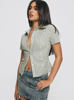 side view of model wearing Princess Polly Peppy Shirt Stripe Short Sleeves V-Neck 