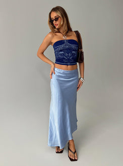   side view of model wearing Princess Polly Resistance Asymmetrical Maxi Skirt Blue Maxi Skirts Skirts 