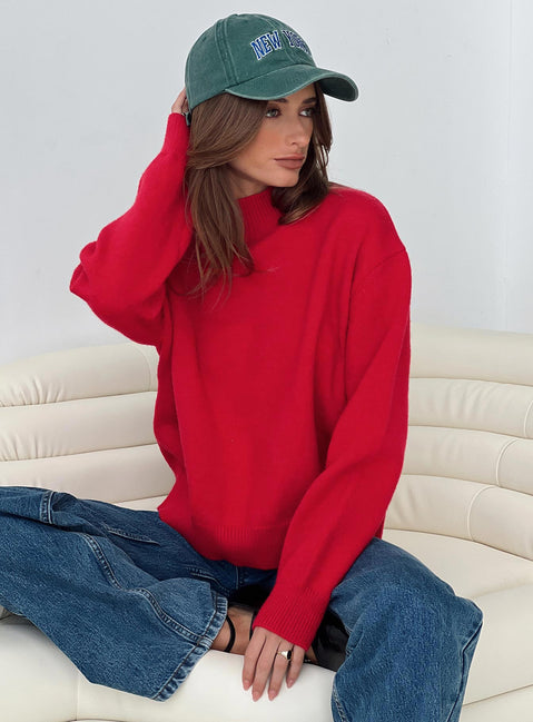 front view of model wearing Princess Polly Oberan Knit Sweater Red Jumpers 