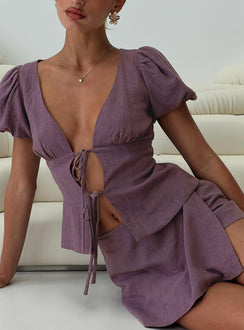 front view of model wearing Princess Polly Gulliver Tie Side Mini Skort Mauve High Waisted Shorts 