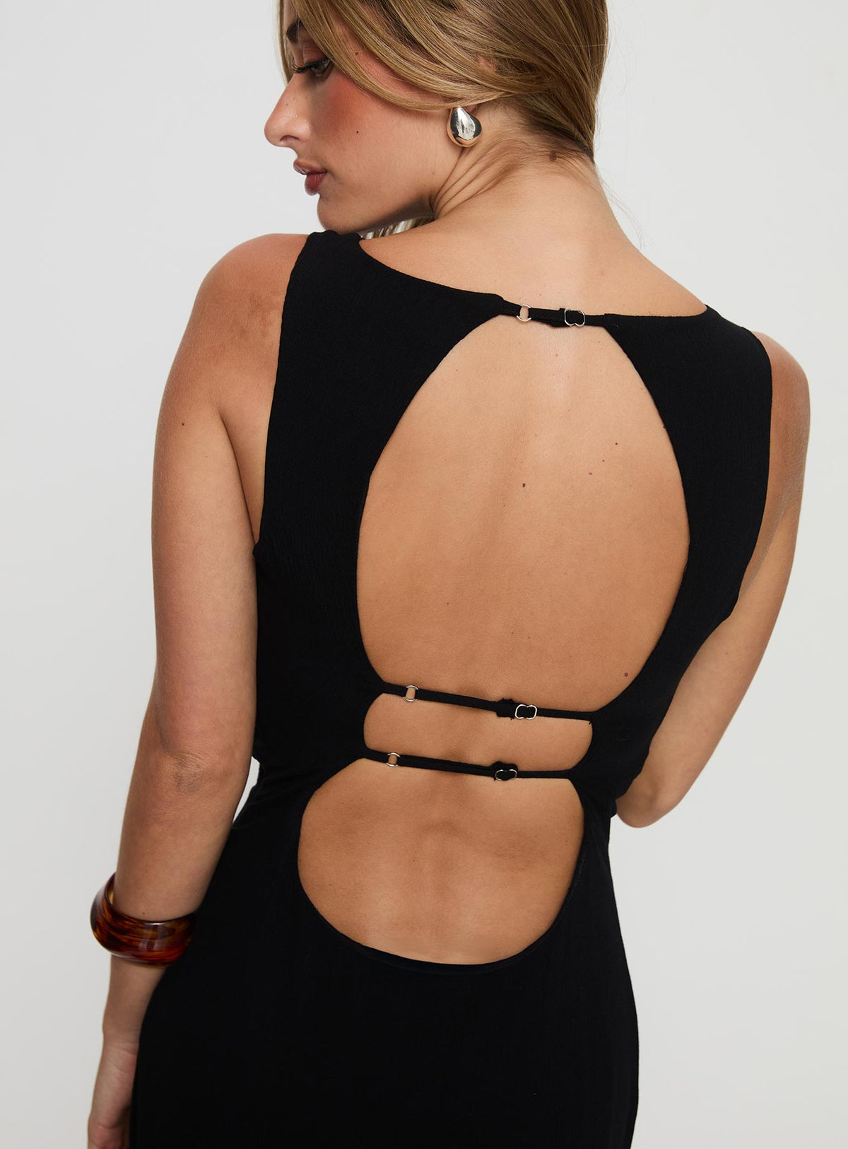 side view of model wearing Princess Polly Ace Of Hearts Backless Maxi Dress Black Scoop Neck 