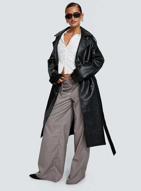 Think Later Faux Leather Trench Coat Black
