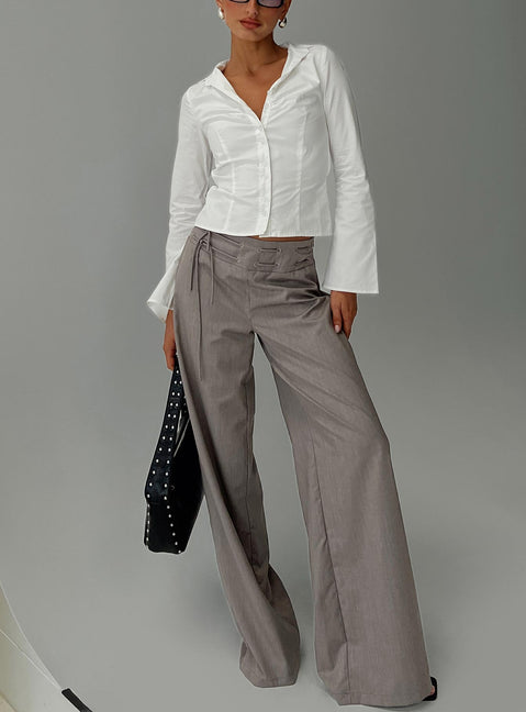 front view of model wearing Princess Polly Just Have Fun Wide Leg Pant Grey Tall High Rise Pants Pants 