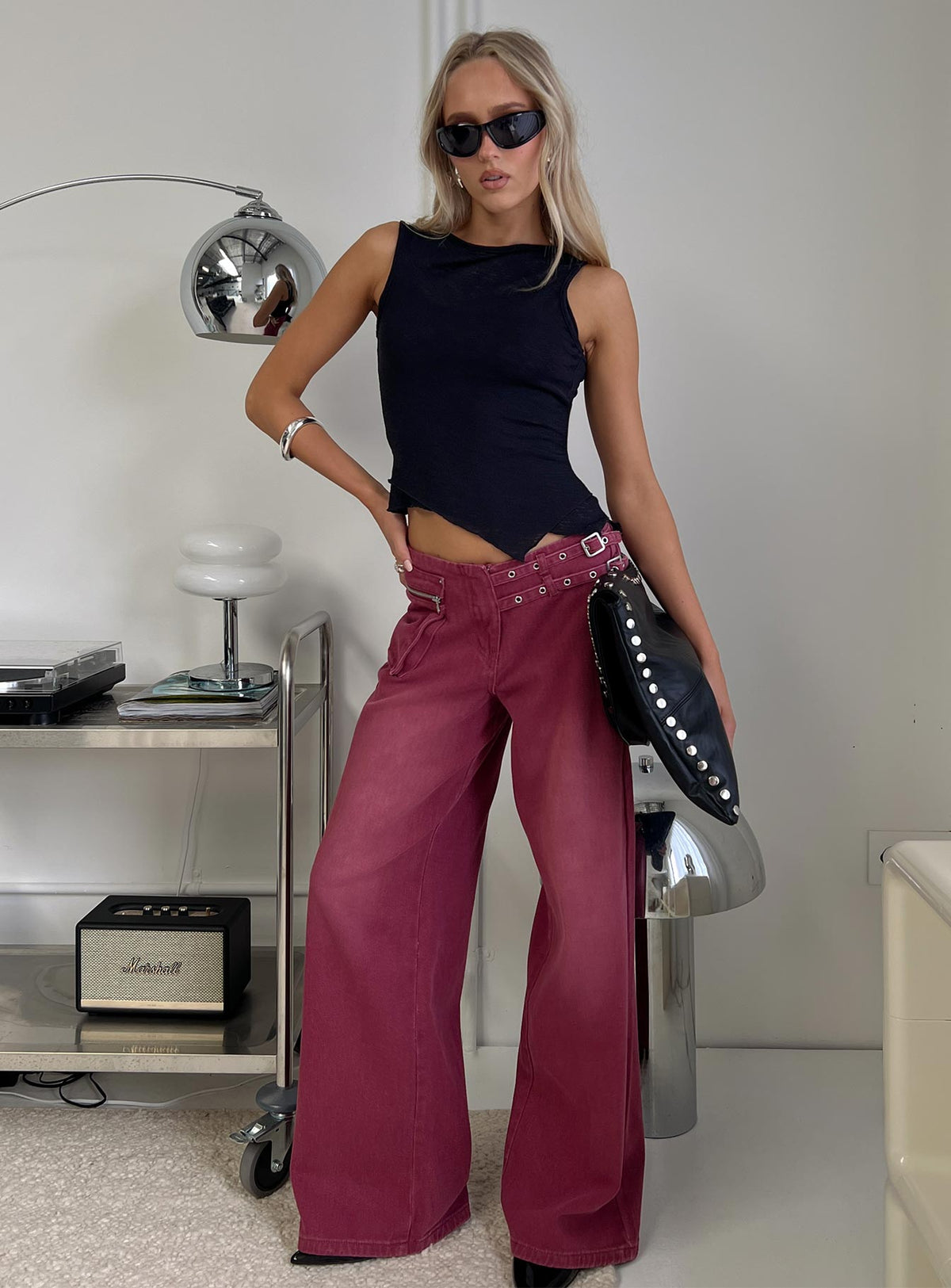 front view of model wearing Princess Polly Lefort Tank Top Black Sleeveless Boat Neck 