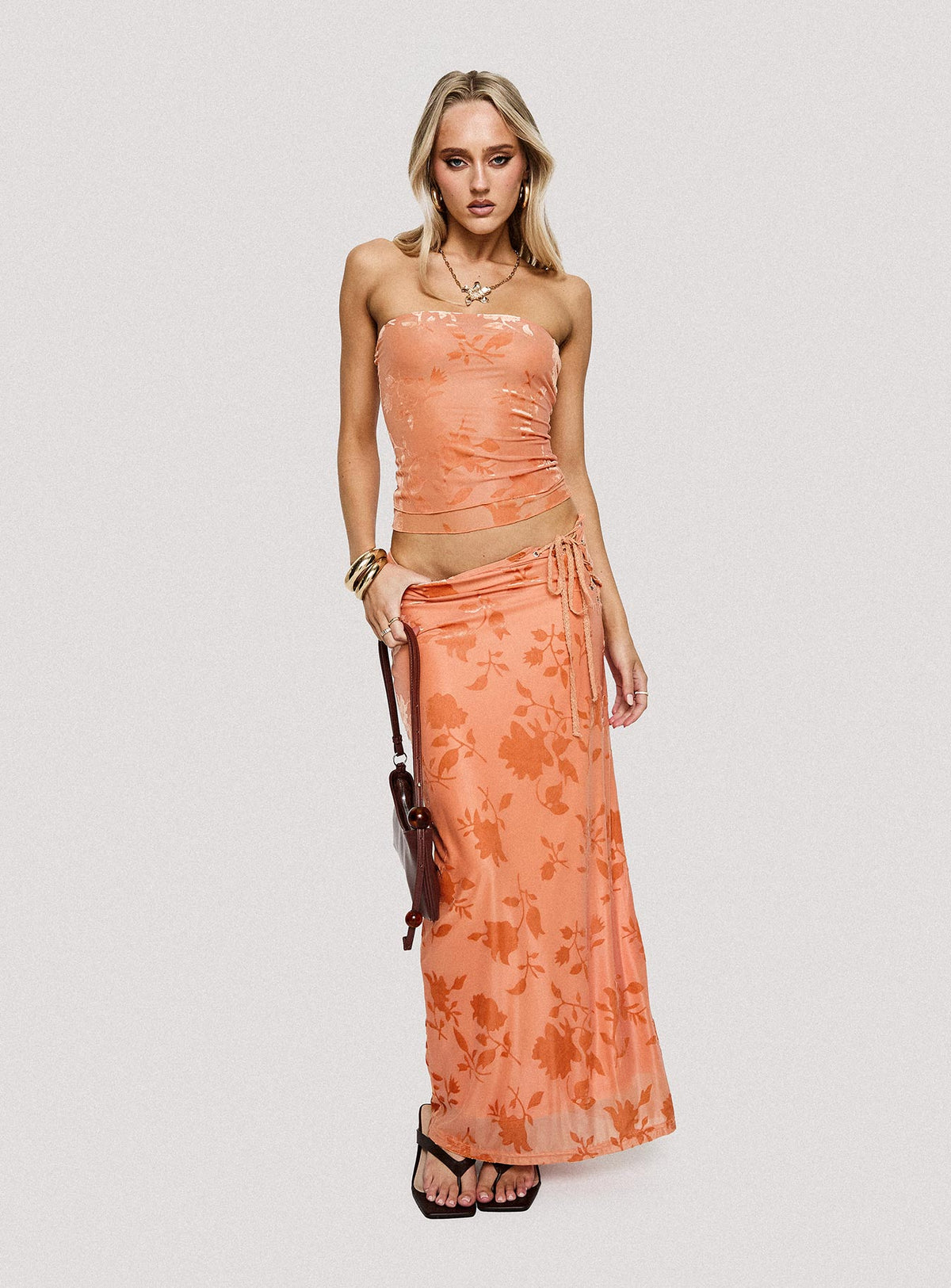   front view of model wearing Princess Polly Mikah Maxi Skirt Orange Maxi Skirts Skirts 
