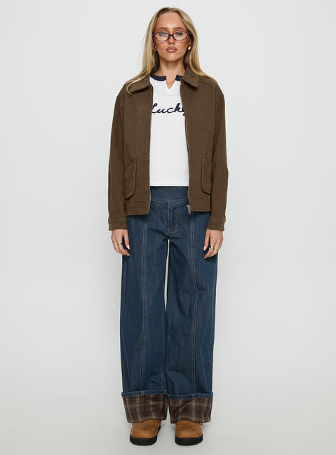 Discover the Nikoletta Foldover Jeans Dark Wash / Check Petite womens-jeans featuring high-rise waist detail Princess Polly