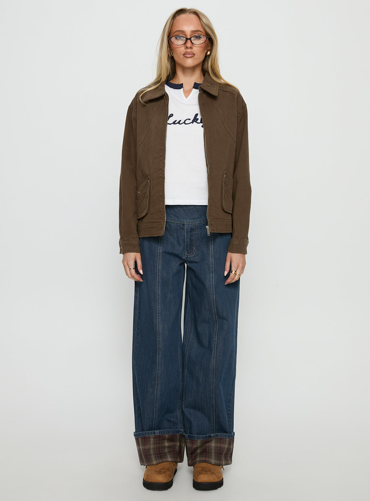 front view of model wearing Princess Polly Nikoletta Foldover Jeans Dark Wash / Check Mid Rise Jeans Jeans 