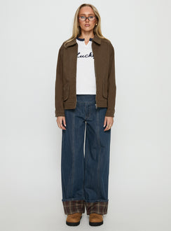 front view of model wearing Princess Polly Nikoletta Foldover Jeans Dark Wash / Check Mid Rise Jeans Jeans 