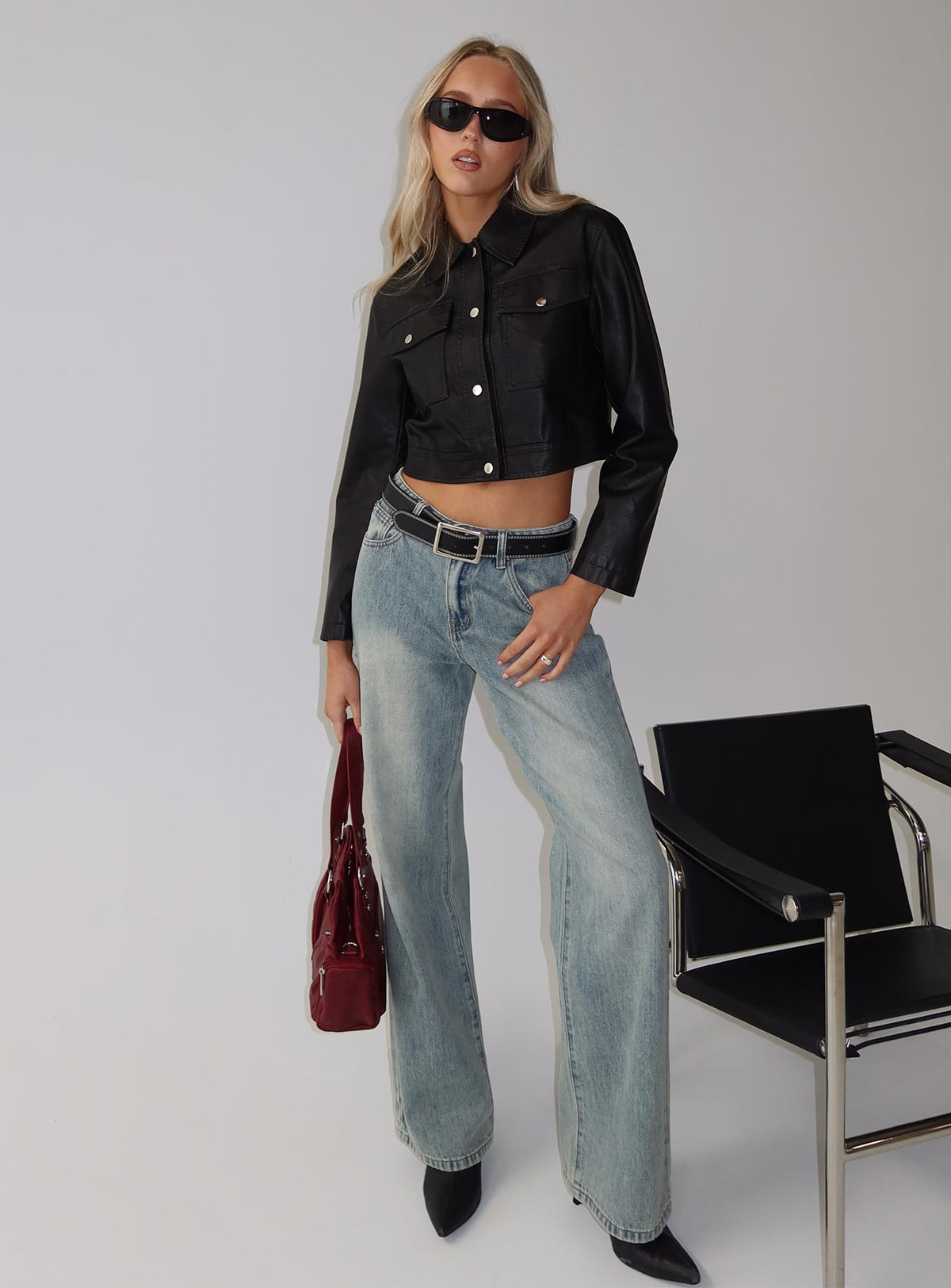 front view of model wearing Princess Polly Echo Park High Rise Straight Leg Jeans Vintage Wash Mid Rise Jeans Jeans 