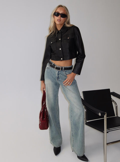 front view of model wearing Princess Polly Echo Park High Rise Straight Leg Jeans Vintage Wash Mid Rise Jeans Jeans 