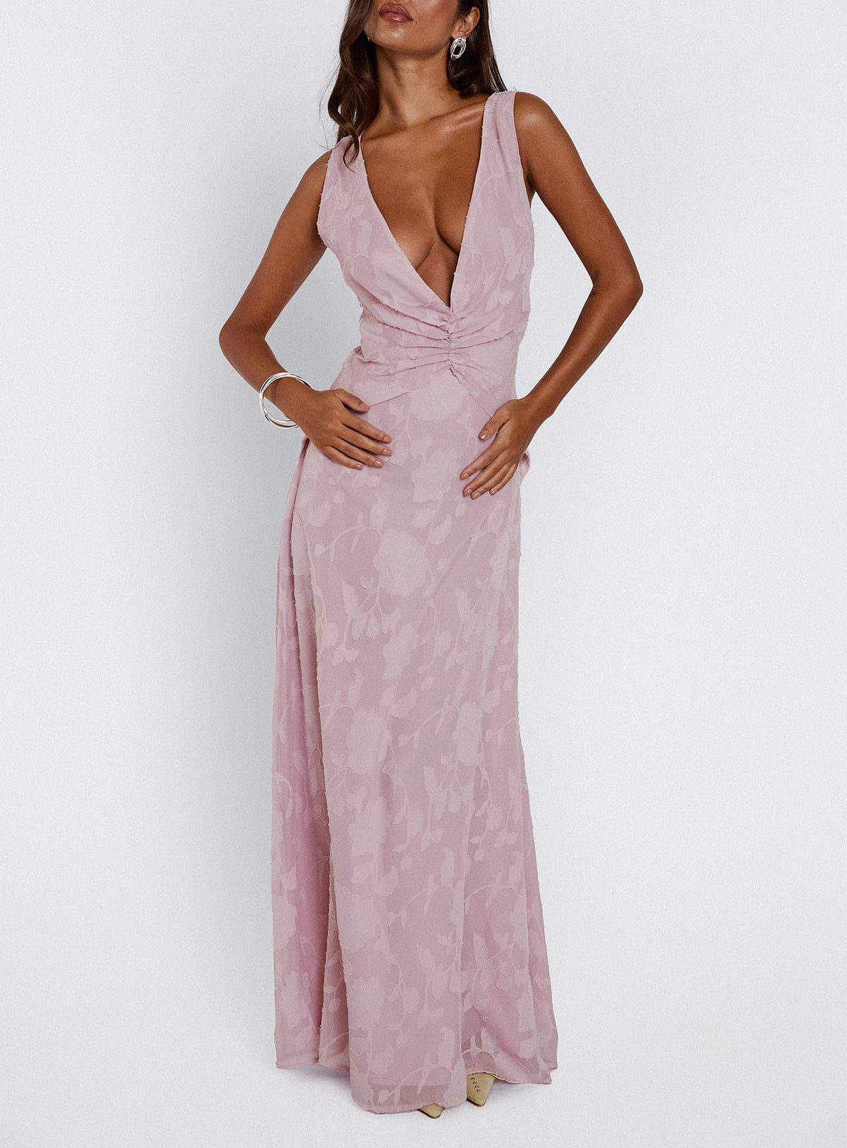 front view of model wearing Princess Polly Frederica Plunge Burnout Maxi Dress Mauve Plunger 