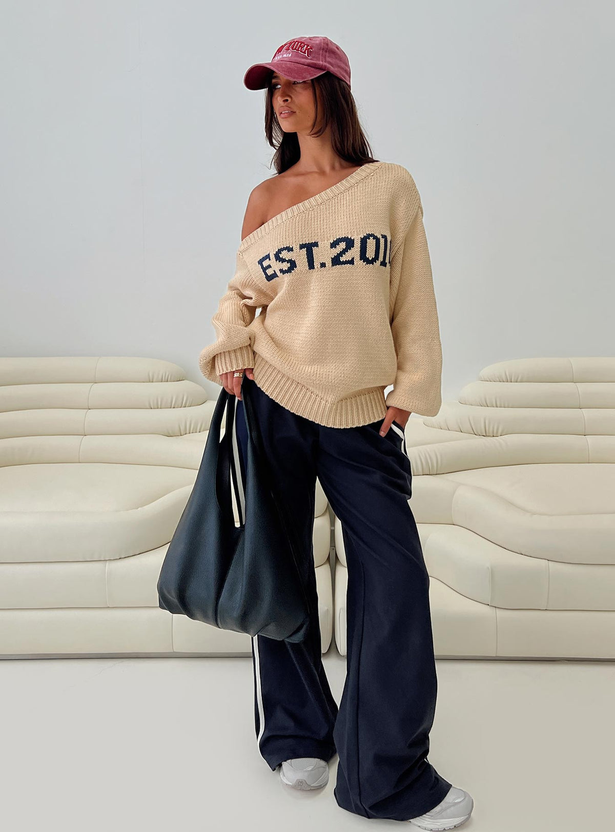 front view of model wearing Princess Polly Jadynn Off Shoulder Knit Sweater Cream Jumpers 