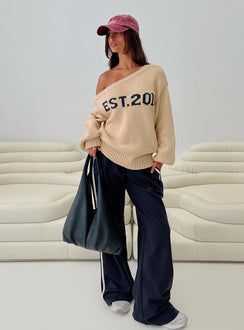 front view of model wearing Princess Polly Jadynn Off Shoulder Knit Sweater Cream Jumpers 