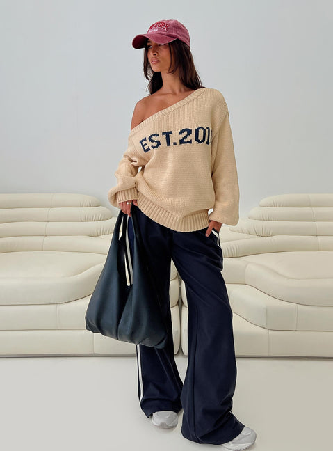 front view of model wearing Princess Polly Jadynn Off Shoulder Knit Sweater Cream Jumpers 
