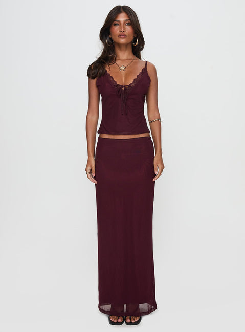 Reiko Lace Trim Tie Front Maxi Set Burgundy