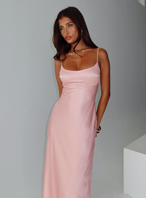 back view of model wearing Princess Polly Ravia Maxi Dress Pink Scoop Neck 