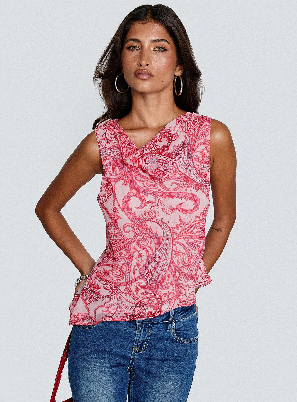 front view of model wearing Princess Polly Blame The Rain Cowl Neck Top Pink Paisley Sleeveless Cowl 