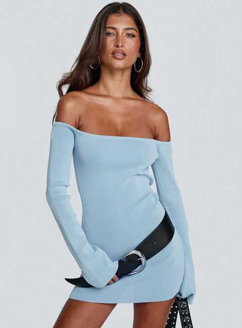 front view of model wearing Princess Polly Parisa Long Sleeve Mini Dress Blue Straight Neck 