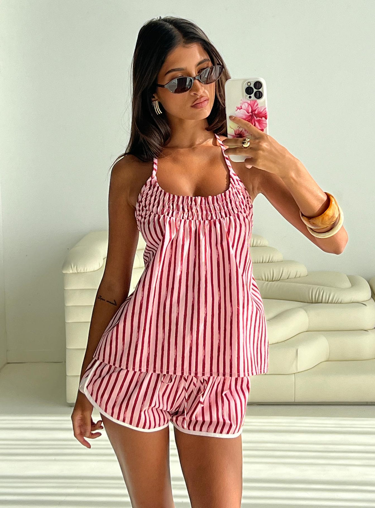 back view of model wearing Princess Polly Your Everything Top Pink Stripe Sleeveless Scoop Neck 