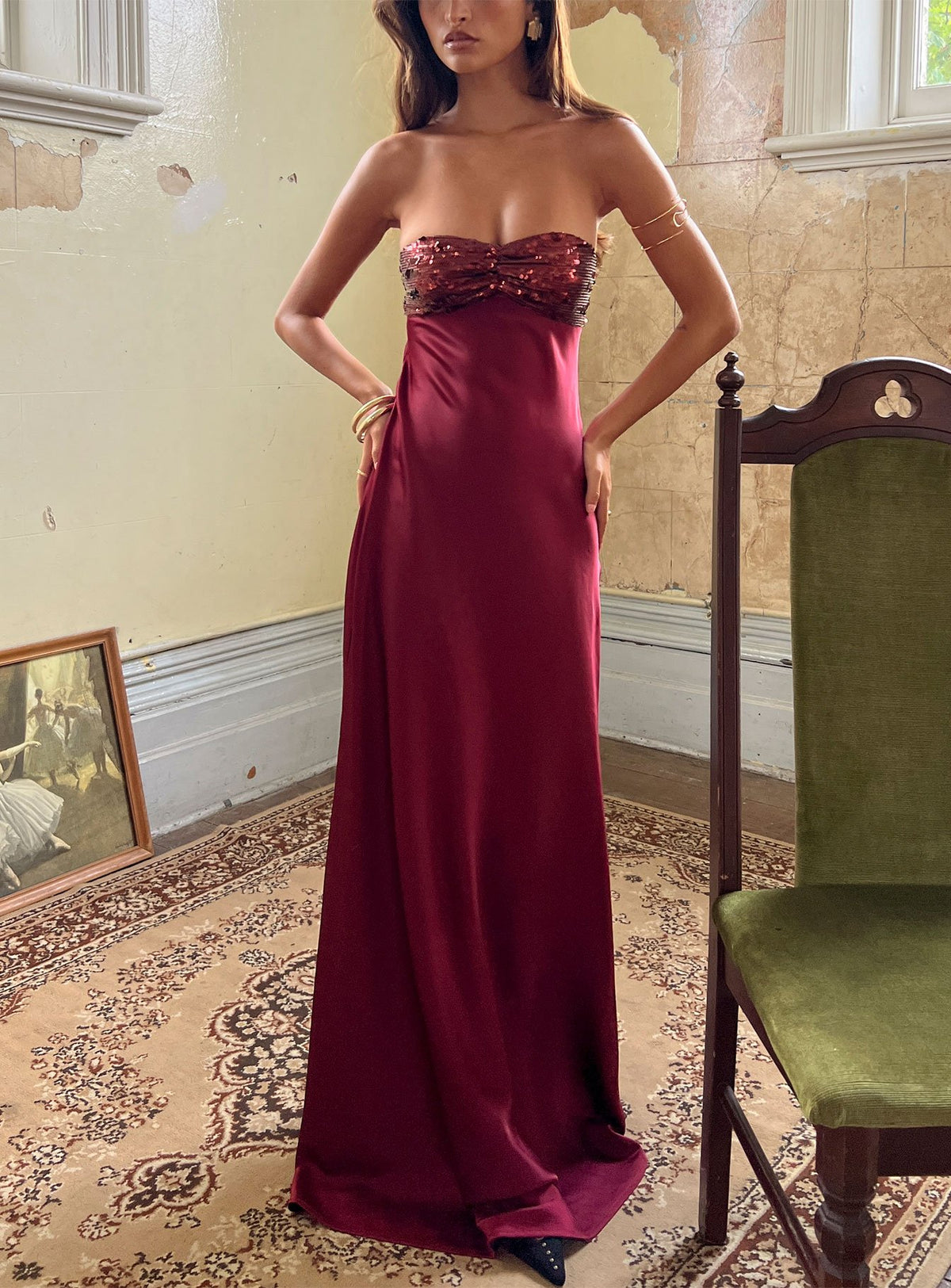 See The Vision Sequin Bust Strapless Maxi Dress Burgundy