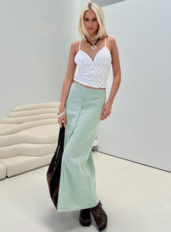   side view of model wearing Princess Polly Macadamia Maxi Skirt Green / White Maxi Skirts Skirts 