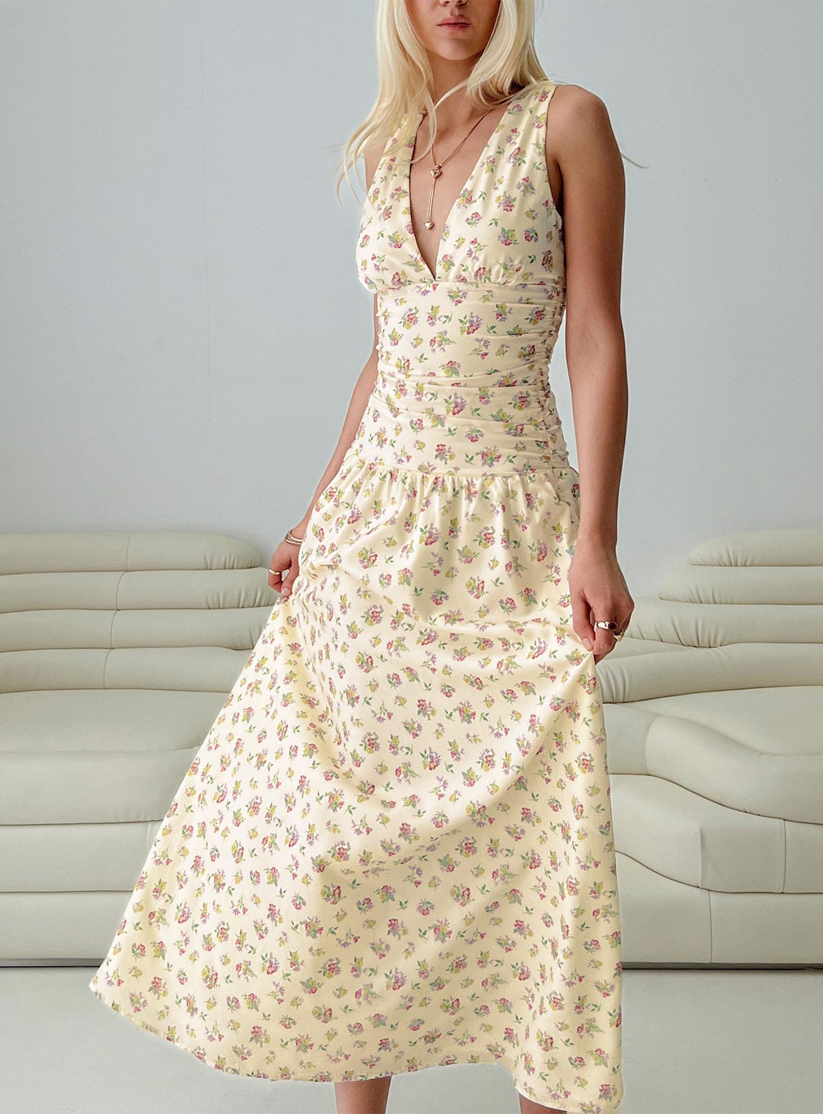 back view of model wearing Princess Polly Esthie Maxi Dress Multi Floral V-Neck 