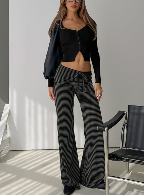 side view of model wearing Princess Polly Alfreda Jersey Pants Grey / Black Stripe Mid Rise Pants Pants 