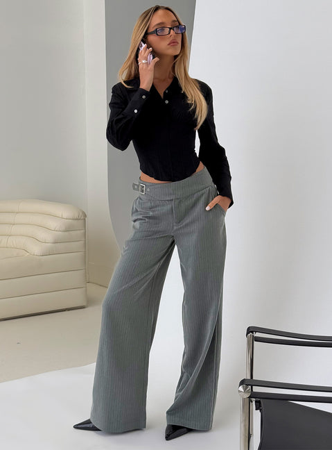 front view of model wearing Princess Polly Jinny Relaxed Buckle Tailored Pants Grey Pinstripe Low Rise Pants Pants 