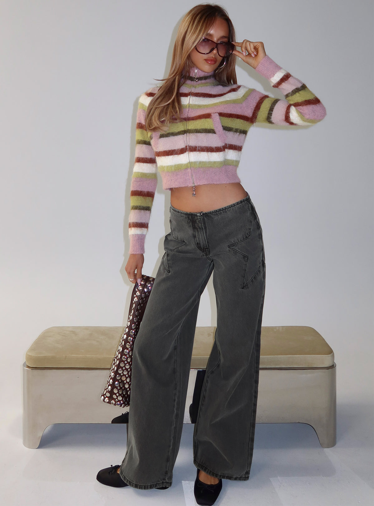 front view of model wearing Princess Polly Dolley Star Stitch Mid Rise Wide Leg Jean Grey Wash Mid Rise Jeans Jeans 