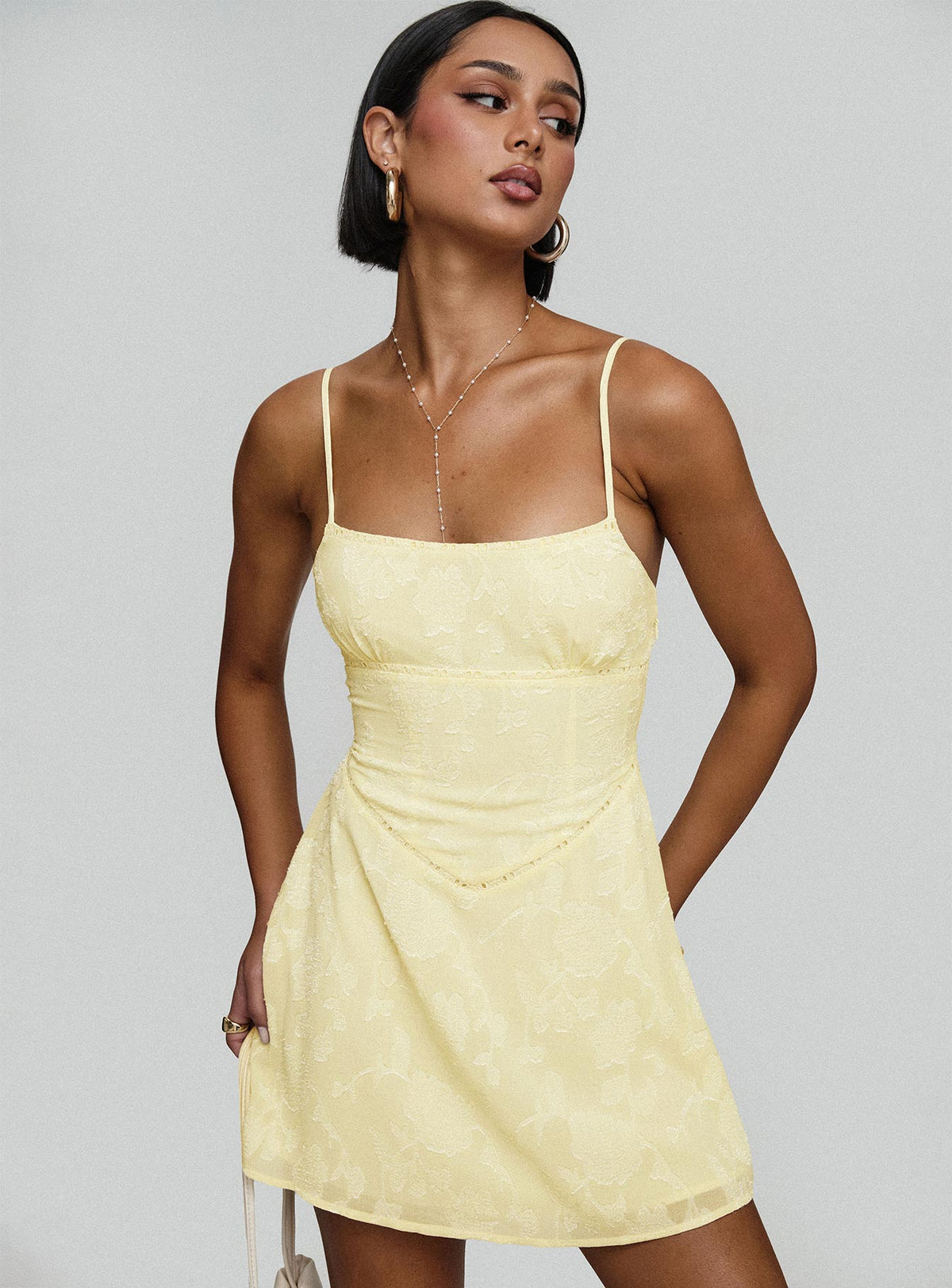 front view of model wearing Princess Polly South Of France Mini Dress Yellow Petite Square Neck 