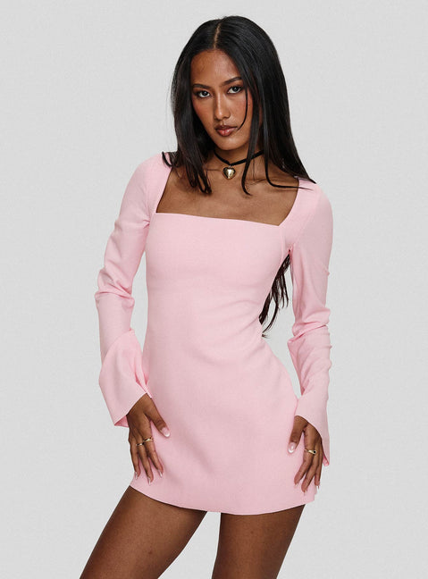 side view of model wearing Princess Polly Bombshell Long Sleeve Mini Dress Pink Square Neck 