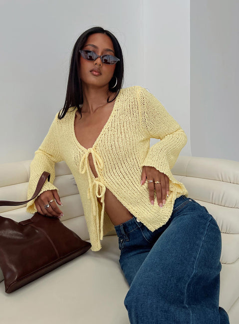 front view of model wearing Princess Polly Swain Knit Cardigan Lemon Jumpers 