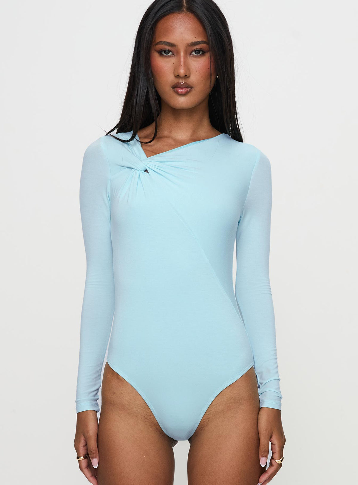 front view of model wearing Princess Polly Glorious Look Twist Detail Bodysuit Blue Long Sleeve Tops Bodysuit 